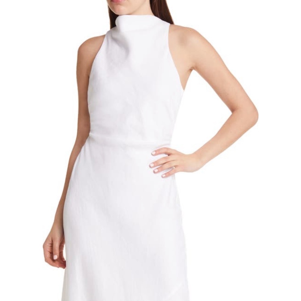 Reformation white mock neck linen maxi dress open back | bridal | engagement